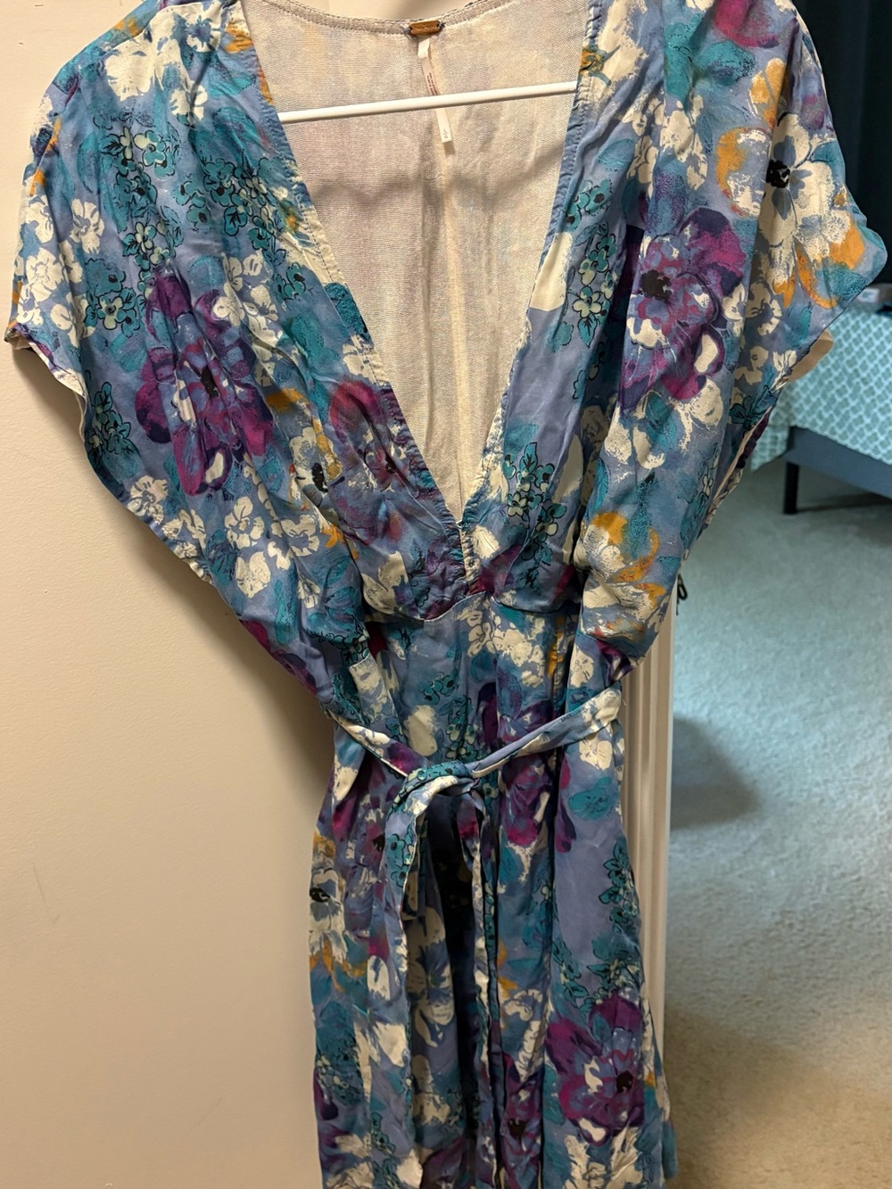 Free People Floral V-Neck Wrap Dress in Blue and Purple size Large